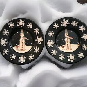 Set Of 2 Midnight Snowman 7" Plate/Saucers Becca Barton Holiday Winter Cookies